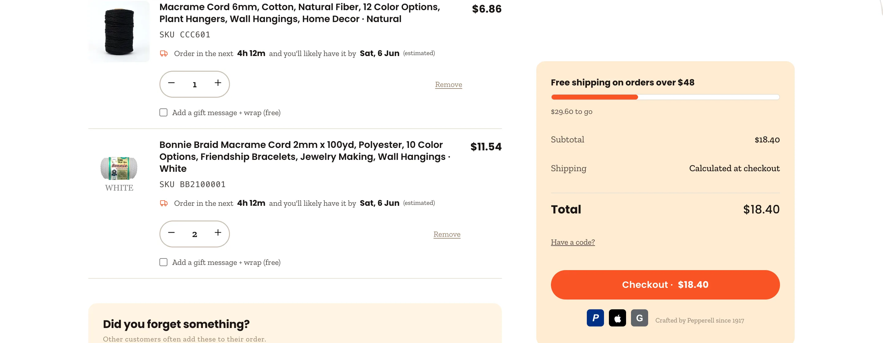 Preview storefront cart with the reassurance line