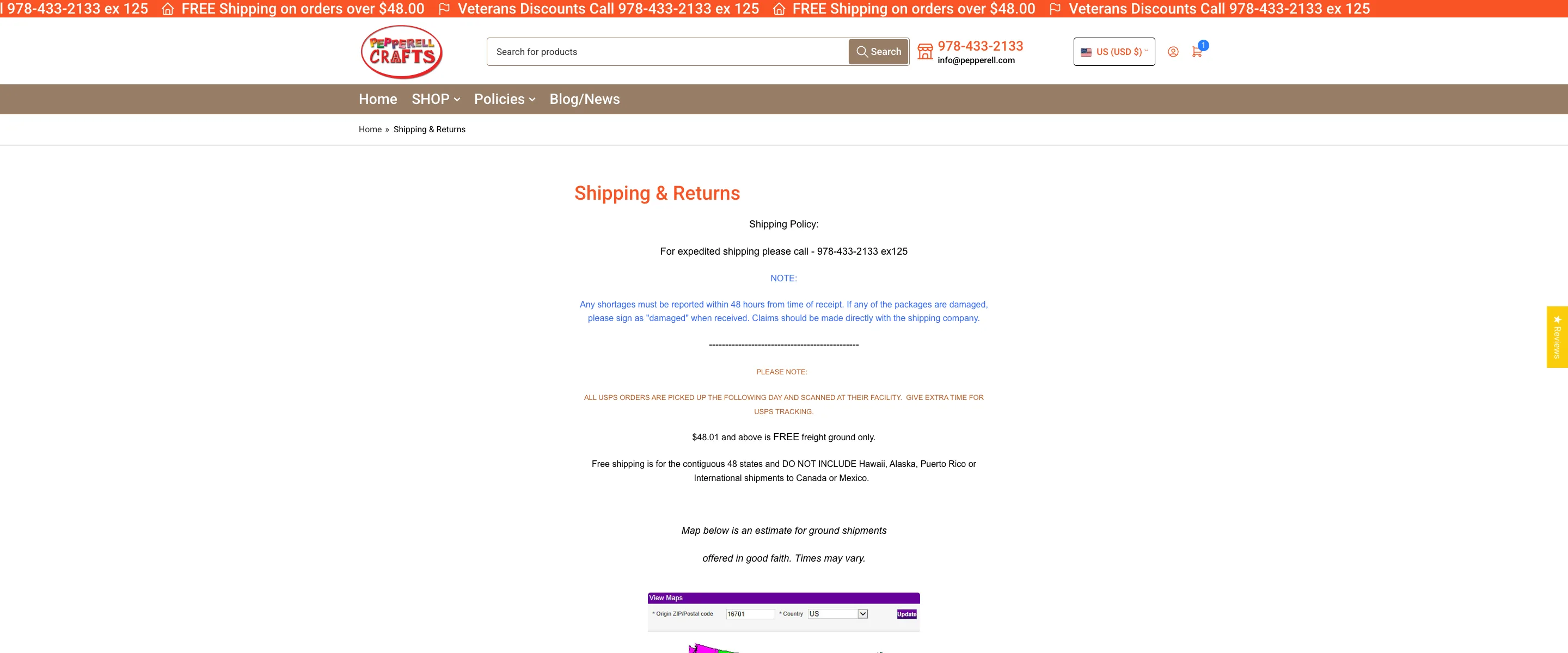 pepperellcrafts.com Returns Policy details