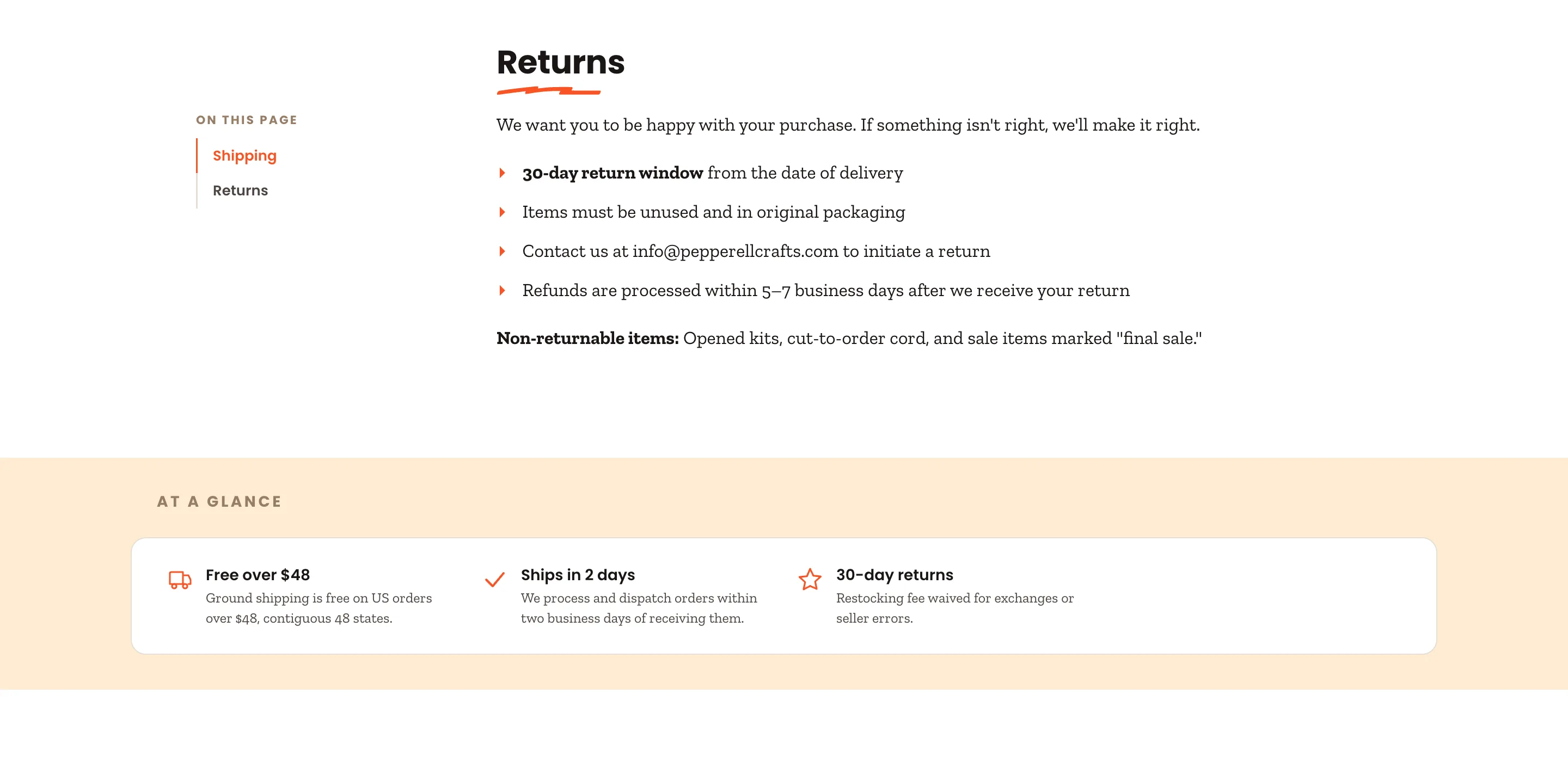 Preview storefront Returns details
