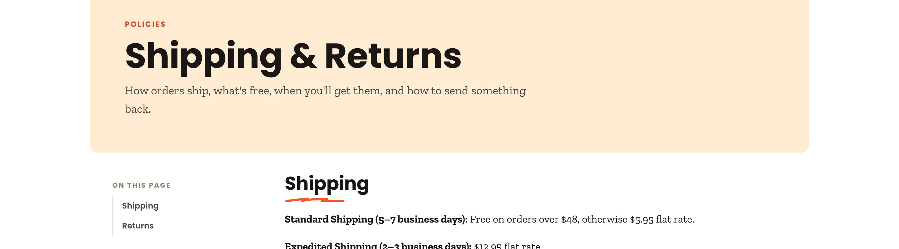Preview storefront Shipping and Returns intro